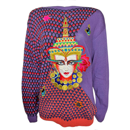 Rare 1980's Kansai Yamamoto purple & red butterfly knit sweater featuring large front embroidery with star and butterfly, embroidered patches throughout. Made in Japan
