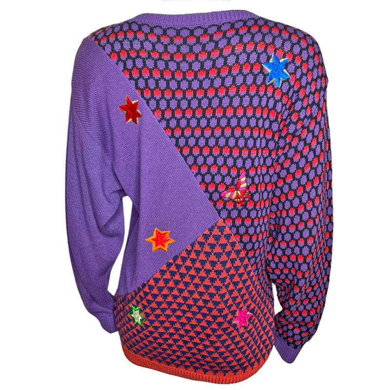 Rare 1980's Kansai Yamamoto purple & red butterfly knit sweater featuring large front embroidery with star and butterfly, embroidered patches throughout. Made in Japan