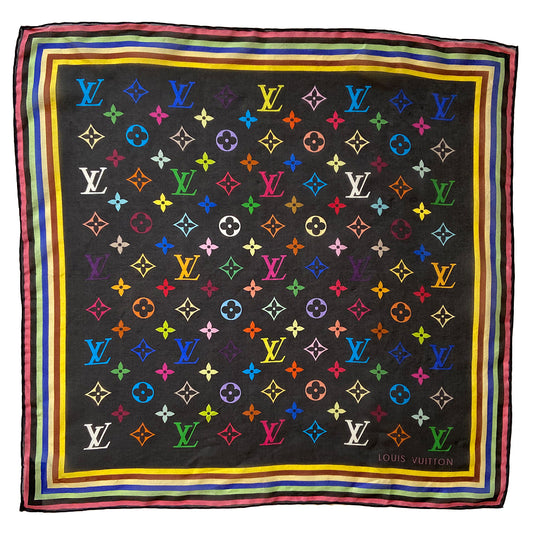 Louis Vuitton Multicolore scarf from Takashi Murakami for Louis Vuitton circa 2003. Multicolor Louis Vuitton monogram square scarf in 33 vibrant colors on black background with striped border. Fabric: 100% Silk Toile Condition: Excellent Made in Italy Length (in) 17" Width (in) 17"