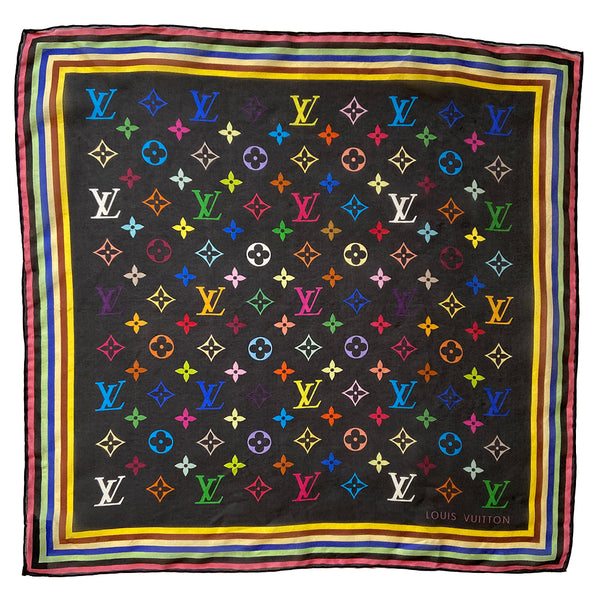 Louis Vuitton Multicolore scarf from Takashi Murakami for Louis Vuitton circa 2003. Multicolor Louis Vuitton monogram square scarf in 33 vibrant colors on black background with striped border. Fabric: 100% Silk Toile Condition: Excellent Made in Italy Length (in) 17" Width (in) 17"