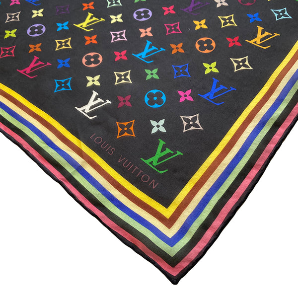 Louis Vuitton Multicolore scarf from Takashi Murakami for Louis Vuitton circa 2003. Multicolor Louis Vuitton monogram square scarf in 33 vibrant colors on black background with striped border. Fabric: 100% Silk Toile Condition: Excellent Made in Italy Length (in) 17" Width (in) 17"