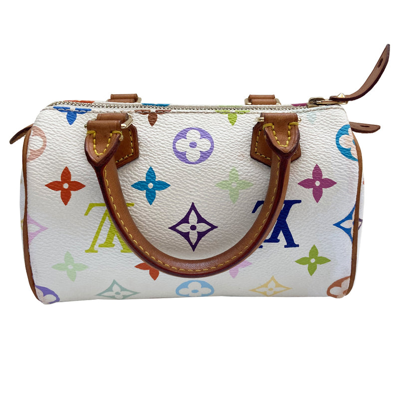 Louis Vuitton white multicolor nano speedy bag from Takashi Murakami x Louis Vuitton collaboration, 2003. 33 colors on white coated canvas, top zip closure, burgundy alcantara interior, vachetta leather handles, piping and accent, gold-tone hardware. Interior date code numbers partially worn off. Duster included. Made in France 