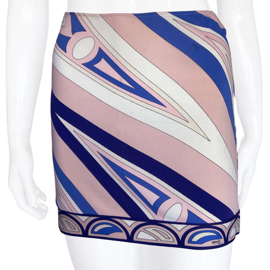 Emilio Pucci 100% rayon mini skirt in cream, navy, blue and pink with invisible side zipper.