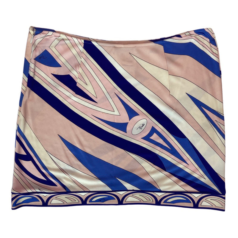 Emilio Pucci 100% rayon mini skirt in cream, navy, blue and pink with invisible side zipper.