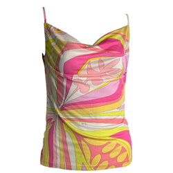 Pucci 100% silk knit draped neckline camisole from late 80's - early 90's in fuchsia, pink, yellow, peach and cream. Made in Italy 