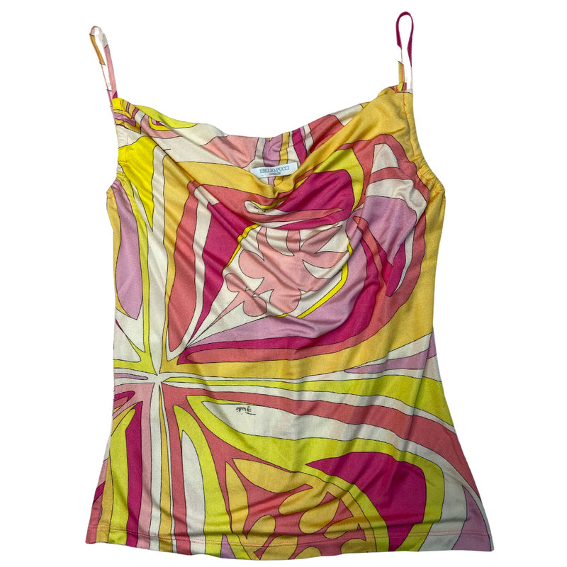 Pucci 100% silk knit draped neckline camisole from late 80's - early 90's in fuchsia, pink, yellow, peach and cream. Made in Italy 