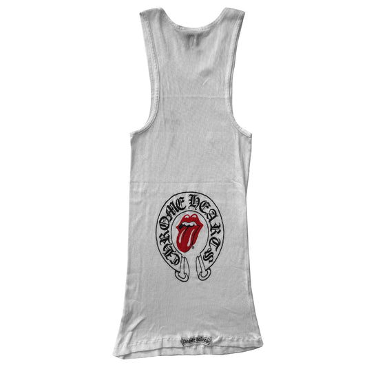Chrome Hearts White Rolling Stones tank From 2002 collection. Rib knit tank with Rolling Stones red "Hot Lips" front cross design with Chrome Hearts logo banner surrounding single red hot lips design in back. Made in USA 
