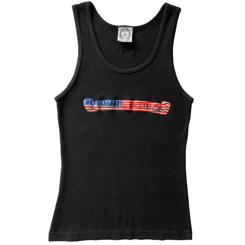 Chrome Hearts stars and stripes black tank circa early 2000’s with signature Chrome Hearts logo scroll banner and red, white and blue American flag design at chest, 3 small red, white and blue crosses at upper back, Fuck You with red white and blue crosses at either side. Made in USA 