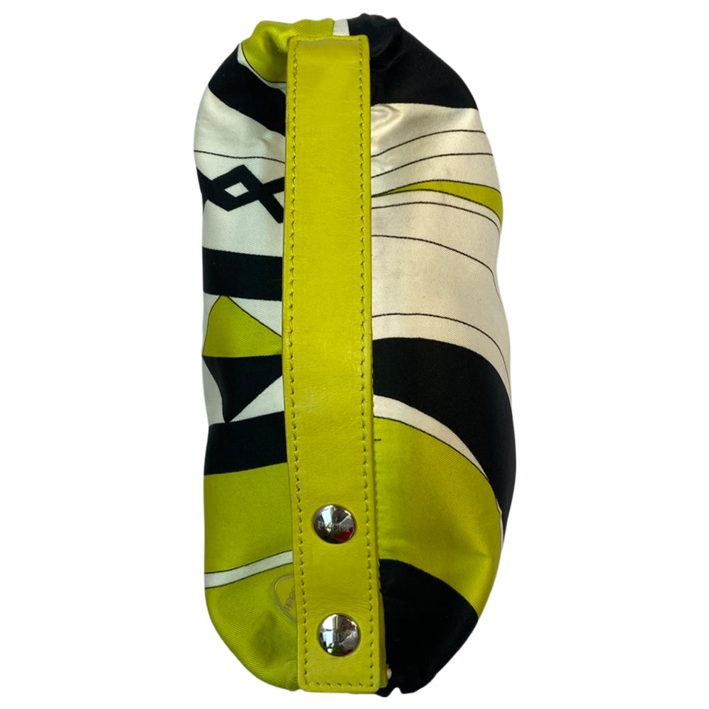 Pucci satin multicolor white, black, lime green mini bag with lime green leather strap that features metal snap detail. Top zipper closure with enamelled Pucci logo zipper pull opens to black jacquard satin lining. Duster included. Made in Italy 