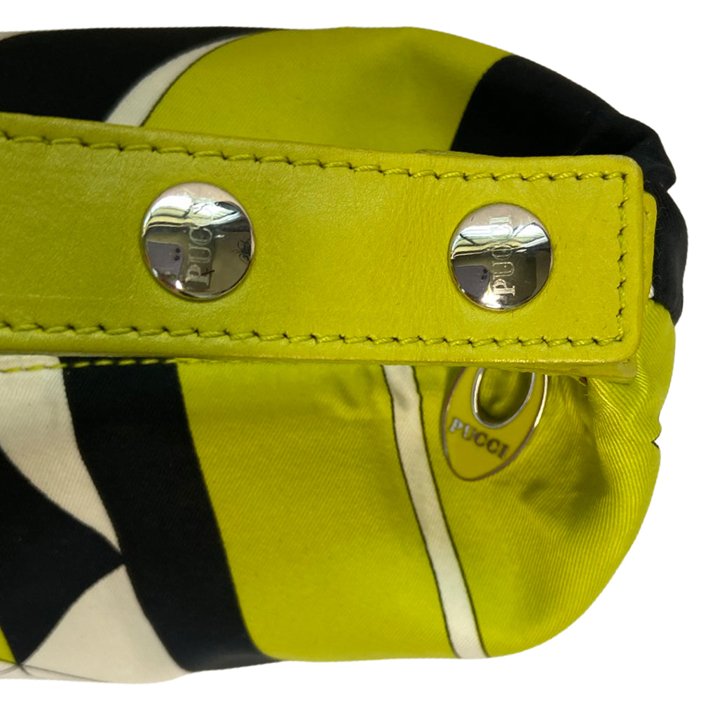 Pucci satin multicolor white, black, lime green mini bag with lime green leather strap that features metal snap detail. Top zipper closure with enamelled Pucci logo zipper pull opens to black jacquard satin lining. Duster included. Made in Italy 
