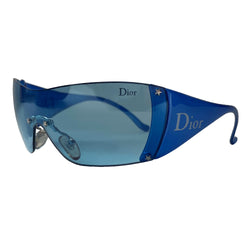Christian Dior blue wrap around frameless Baby Dior children’s sized shield sunglasses  from John Galliano for Dior with attached non-folding arms Dior logo at temple and left side on lens with star studs at lens edges and nose piece. Case and dust cloth included. 