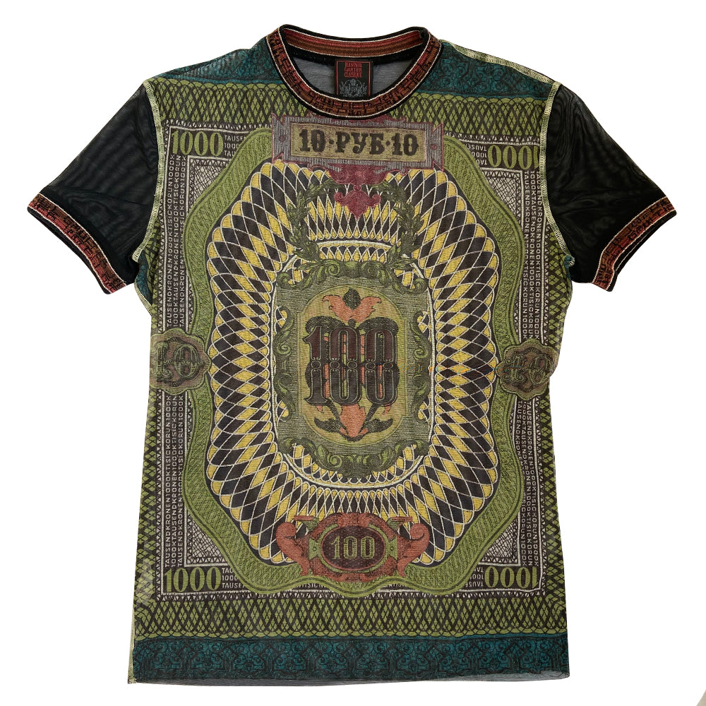 Jean Paul Gaultier currency mesh tee by Jean Paul Gaultier Classique, spring 1994 with knit Jean Paul Gaultier embellished crew neck and sleeve bands featuring Russian bank note Made in Japan 