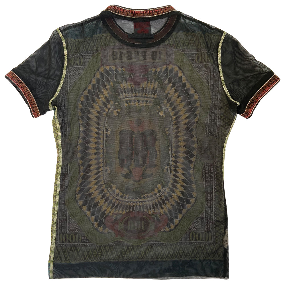 Jean Paul Gaultier currency mesh tee by Jean Paul Gaultier Classique, spring 1994 with knit Jean Paul Gaultier embellished crew neck and sleeve bands featuring Russian bank note Made in Japan 