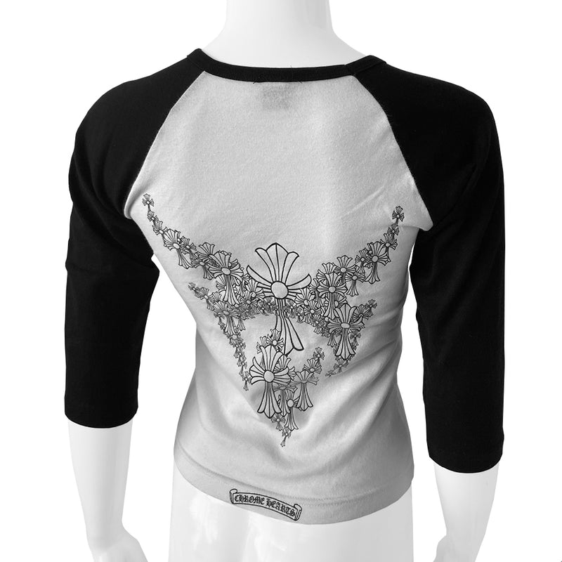 Chrome Hearts multi cross two-tone white with black baseball tee Circa early 2000's with crew neck 3/4 sleeve with multi crosses in back, Chrome Hears logo banner at lower back hemline. Made in USA 