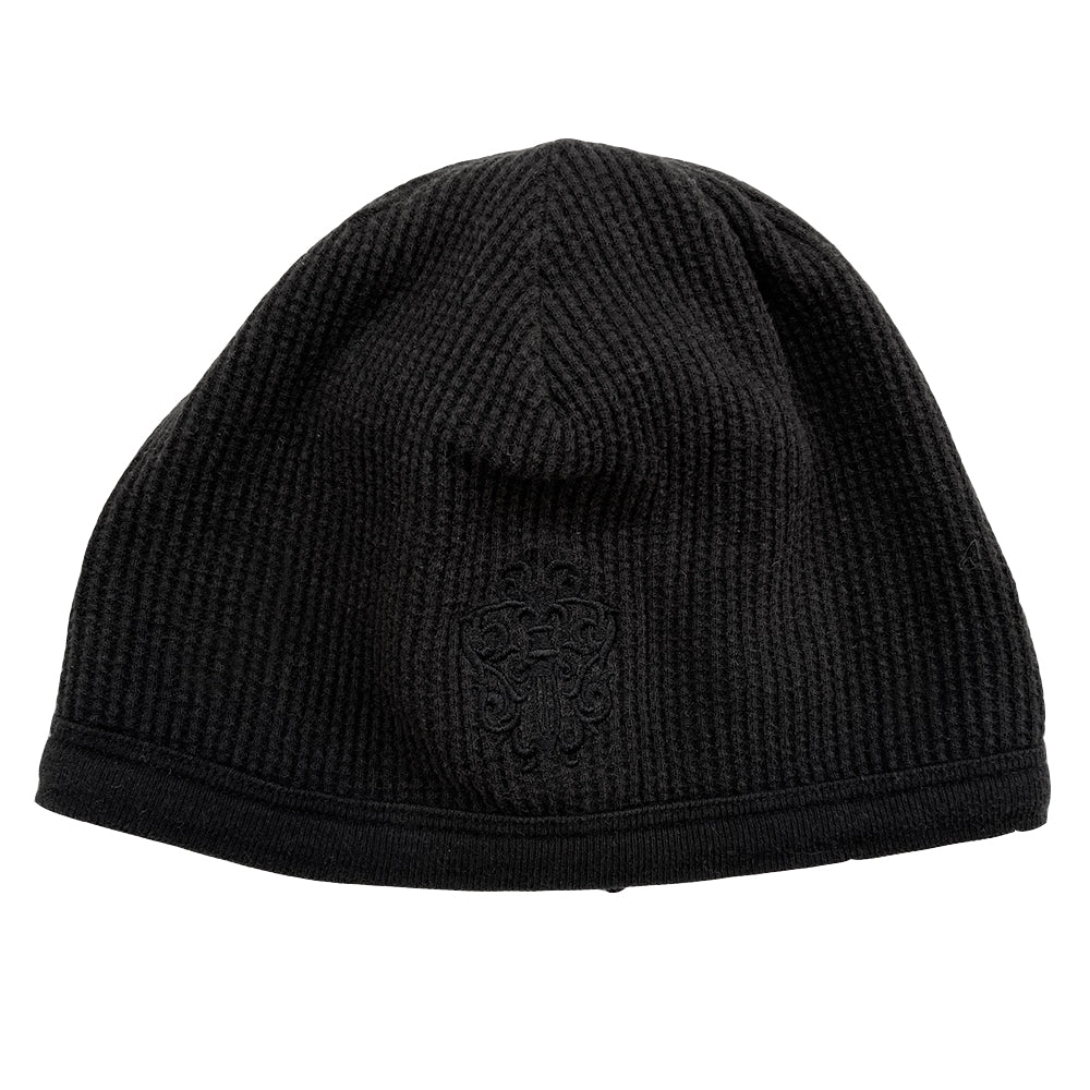 Chrome Hearts black dagger embroidered thermal waffle fabric beanie with tonal front embroidered dagger and embroidered Chrome Hearts scroll on back. Soft jersey lining with rib knit exterior hem. 100% Cotton. Made in USA 