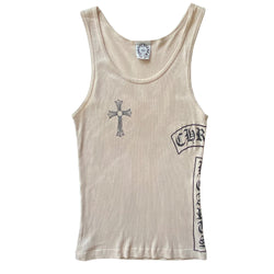 Chrome Hearts beige with black print cross tank circa early 2000’s with front cross at chest and Chrome Hearts logo at side, scroll logo at back hem. Made in USA