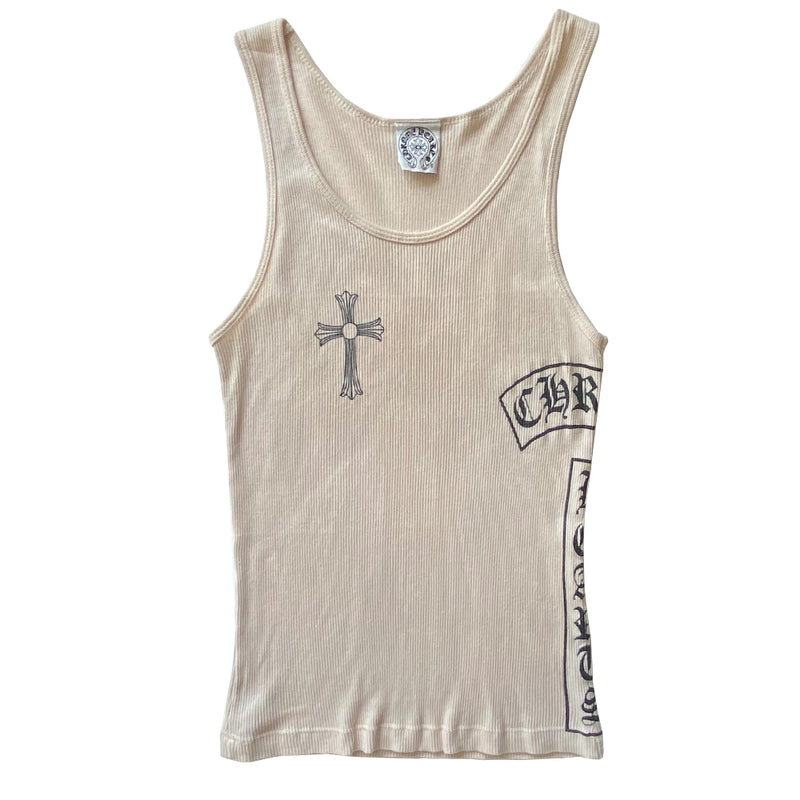Chrome Hearts beige with black print cross tank circa early 2000’s with front cross at chest and Chrome Hearts logo at side, scroll logo at back hem. Made in USA