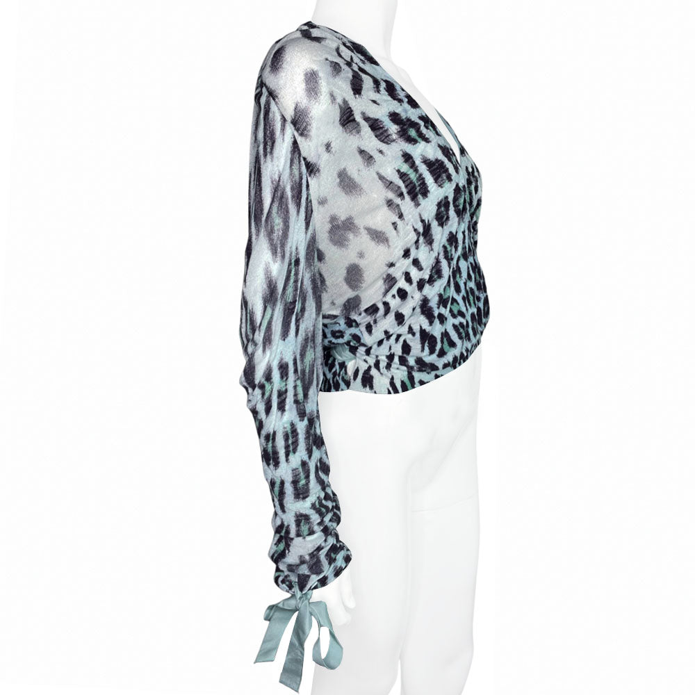 Blumarine black leopard print on pale blue background wrap knit sweater with pale blue accent edging, blue ribbon ties at waist and cuffs. Made in Italy 