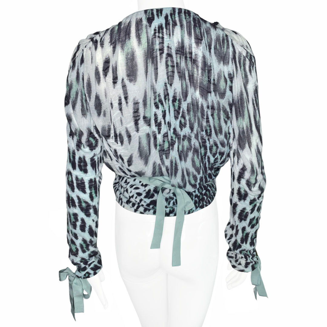 Blumarine black leopard print on pale blue background wrap knit sweater with pale blue accent edging, blue ribbon ties at waist and cuffs. Made in Italy 