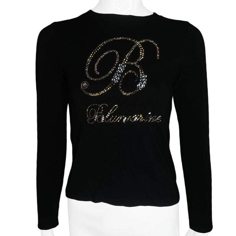 Y2K Blumarine long sleeve black top with classic B logo with cursive Blumarine script embellished with tiny bronze and large white Swarovski crystals, soft stretch fabric sleeves. Made in Italy 