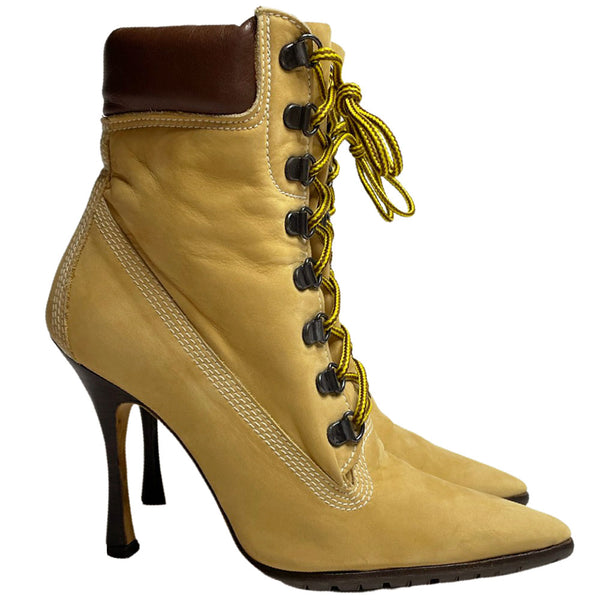 Manolo Blahnik tan nubuck laced high heeled Oklamod Timberland style ankle boot circa 2002 with brown leather back, Vibram tread sole. Made in Italy