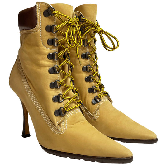 Manolo Blahnik tan nubuck laced high heeled Oklamod Timberland style ankle boot circa 2002 with brown leather back, Vibram tread sole. Made in Italy