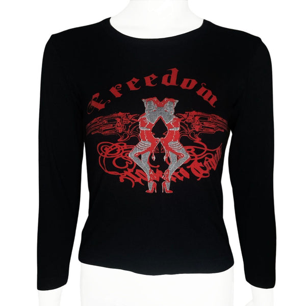 Long sleeved black tee with front red and silver mirror image graphic of two  girls with guns and "Freedom Roberto Cavalli" printed in gothic lettering. Made in Italy 