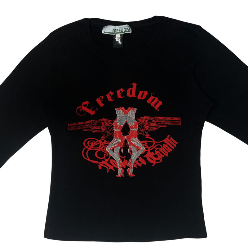 Long sleeved black tee with front red and silver mirror image graphic of two  girls with guns and "Freedom Roberto Cavalli" printed in gothic lettering. Made in Italy 