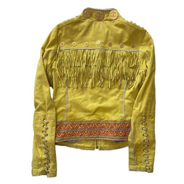 Just Cavalli Acid Yellow Fringe Leather Jacket Circa 2006 in excellent condition. Oversized and small gold-tone logo medallions decoration with whip stitching, fringe and grommets in soft sueded leather. A band of embroidery decorates the bottom hem. 
