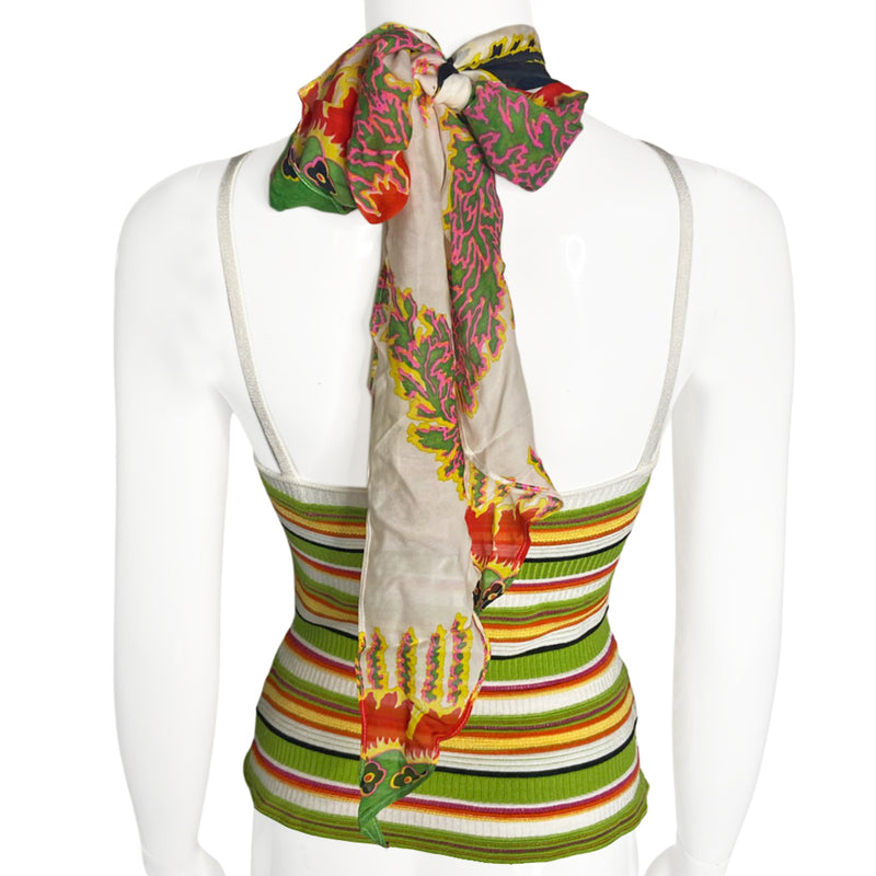 Roberto Cavalli green, red, yellow, orange, black rib knit striped halter with straps that criss cross in front and red, green, pink, black, white print scarf attached to gold-tone metal horseshoe ring that ties at back of neck. Made in Italy 