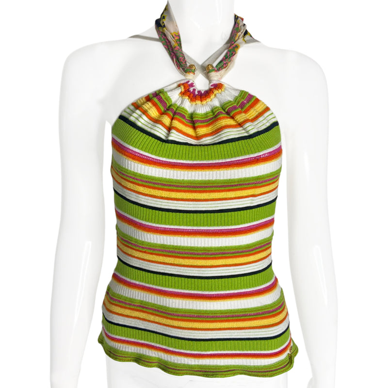 Roberto Cavalli green, red, yellow, orange, black rib knit striped halter with straps that criss cross in front and red, green, pink, black, white print scarf attached to gold-tone metal horseshoe ring that ties at back of neck. Made in Italy 
