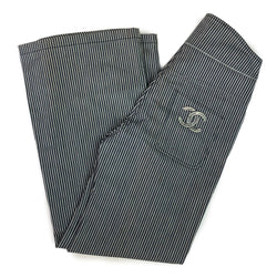 Chanel high waisted navy and silver pinstripe wide leg trousers, silver embroidered CC logo on back pocket