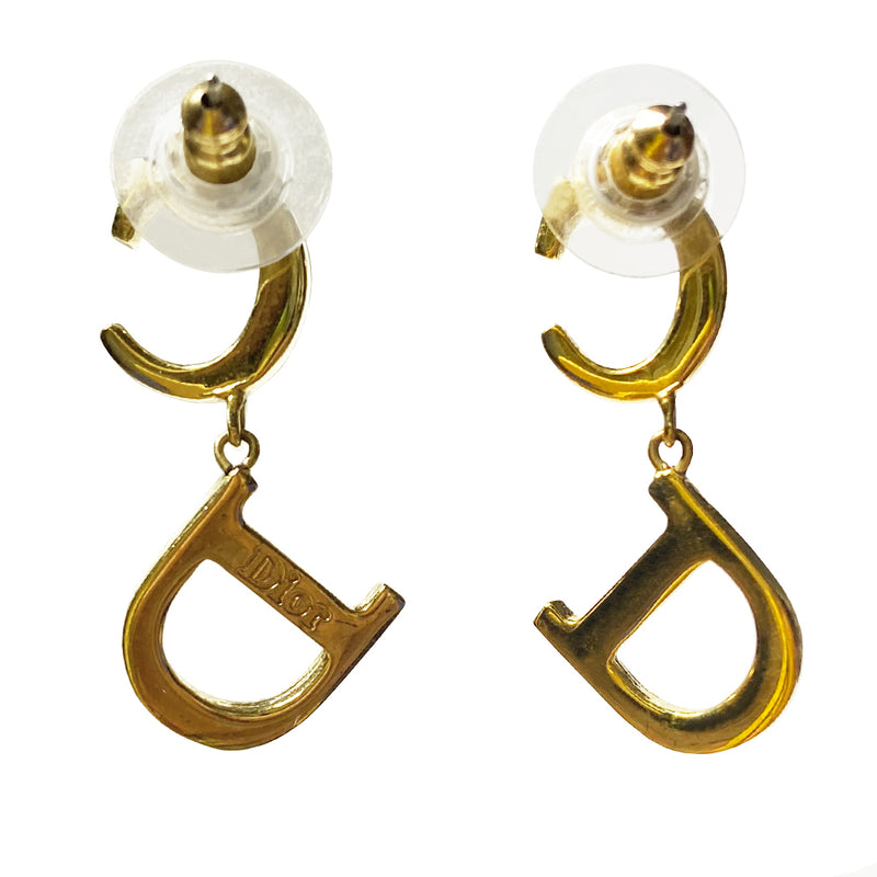 Christian Dior CD gold-tone metal ogo earrings embellished with white inset crystals and Dior logo stamp in back. Clutch back closure. 