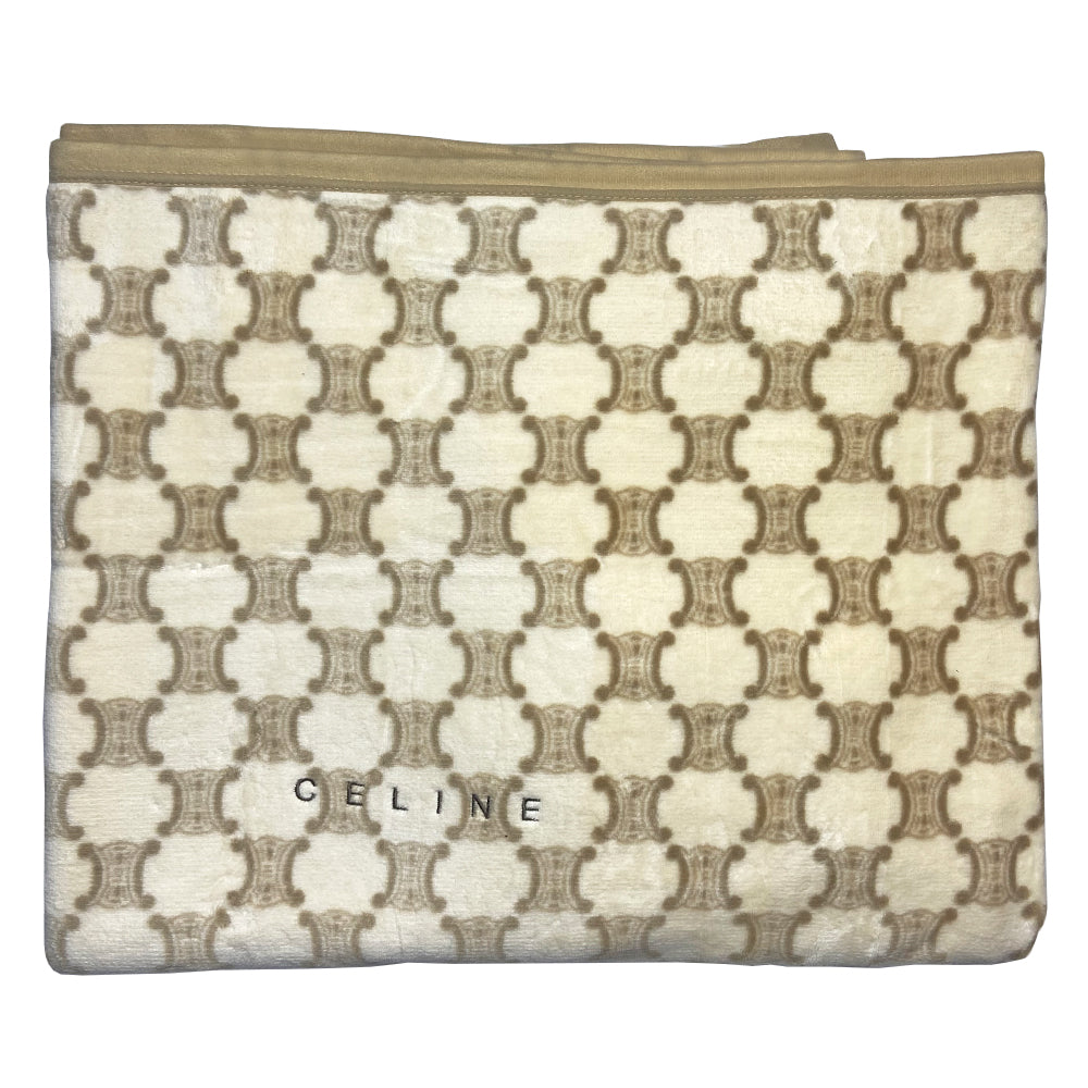 Celine Macadam throw blanket with embroidered Celine logo lettering at front. Fabric: 100% Cotton Color: Brown/Cream Condition: Excellent, unused Made in Japan Length (in) 78” Width (in) 55”