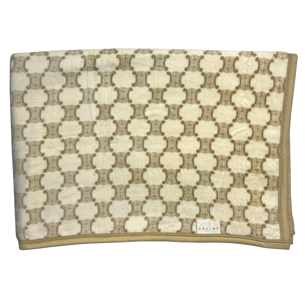 Celine Macadam throw blanket with embroidered Celine logo lettering at front. Fabric: 100% Cotton Color: Brown/Cream Condition: Excellent, unused Made in Japan Length (in) 78” Width (in) 55”