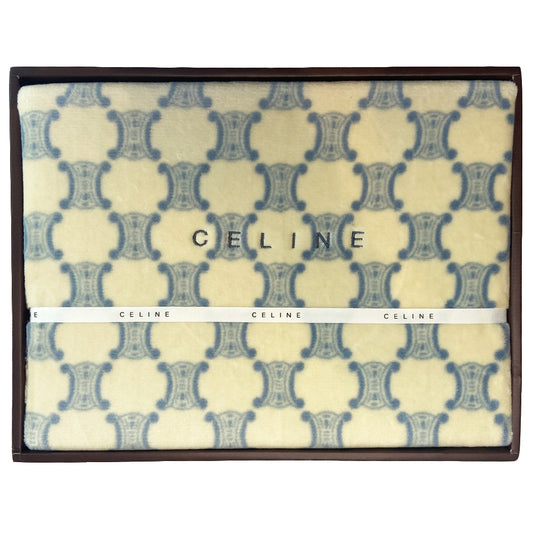 Celine Macadam soft cotton blue and cream all over Macadam logo blanket, brand new in the box. Made in Japan. 78” x 55”