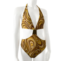 Celine psychedelic swimsuit with all over retro swirl design top and mid rise bottoms with a feature bronze-tone rectangular logo engraved plate that attaches the top to the bottom. Non adjustable halter style top with clip back logo closure, fully lined. Color: gold, brown, tan. Made in France 