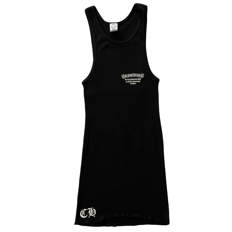 Chrome Hearts rare limited edition USA flag tank 5th anniversary of the CH Paris boutique. Rib knit with Chrome Hearts scroll, 5th Anniversary 18 Avenue Montagne, Paris in  front and back, Chrome Hearts emblem and tiny daggers American flag and crosses accent. Made in USA