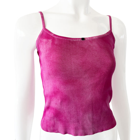 Chanel crystal CC logo tank from 2000s by Karl Lagerfeld for Chanel. Fine rib knit tie dye camisole embellished with black interlocking CC logo swarovski crystal at front center. Made in France