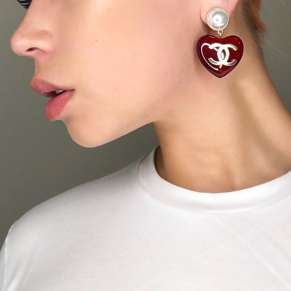 Chanel Heart CC Drop Earrings - Red