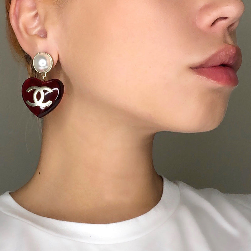 Chanel Heart CC Drop Earrings - Red