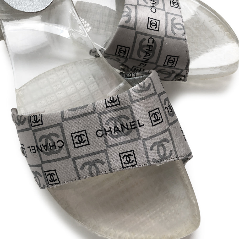 Chanel Clear Lucite and Satin Pool Slide Sandals - 7