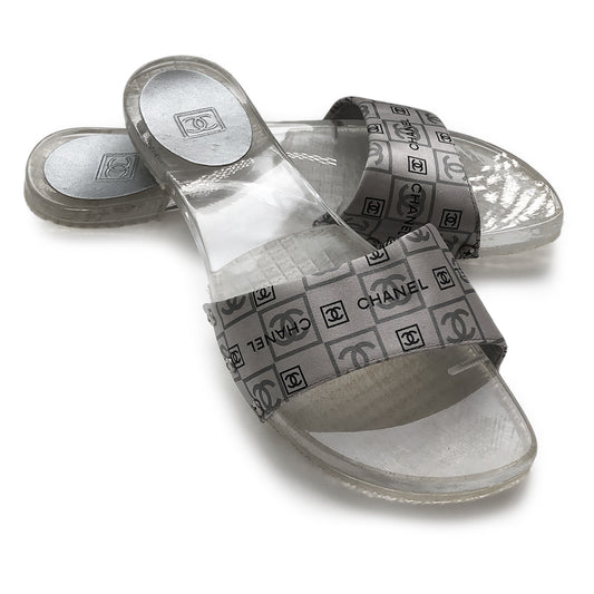 Chanel Clear Lucite and Satin Pool Slide Sandals - 7