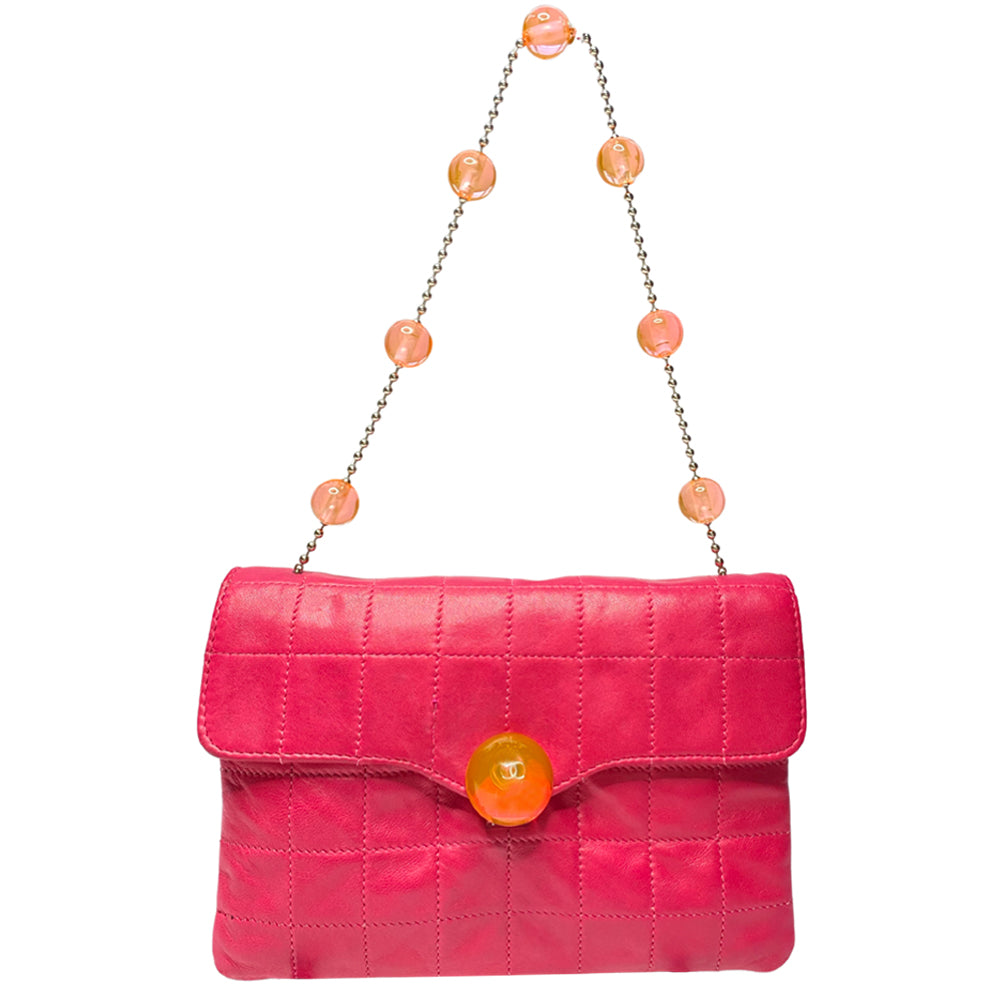 Chanel fuchsia choco quilt soft lamb double body flap bag with silver-tone metal ball chain strap and pink transluscent lucite baubles by Karl Lagerfeld for Chanel, 2000. Front bauble clasp closure with embedded silver-tone CC logo opens to dual partitioned compartments lined in tonal grosgrain, one interior zip pocket. Made in Italy