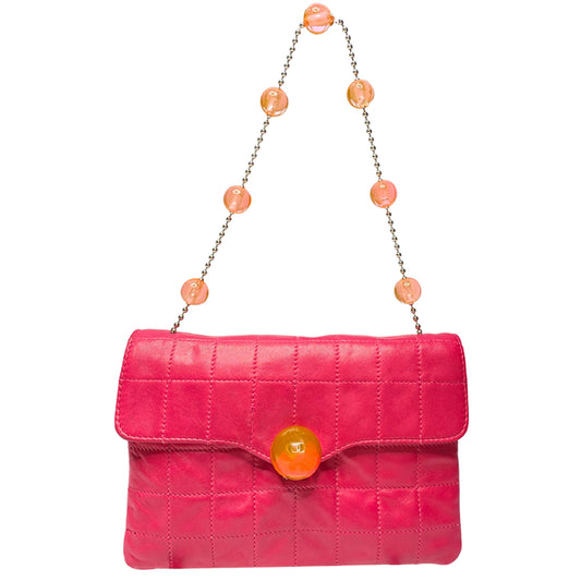 Chanel fuchsia choco quilt soft lamb double body flap bag with silver-tone metal ball chain strap and pink transluscent lucite baubles by Karl Lagerfeld for Chanel, 2000. Front bauble clasp closure with embedded silver-tone CC logo opens to dual partitioned compartments lined in tonal grosgrain, one interior zip pocket. Made in Italy
