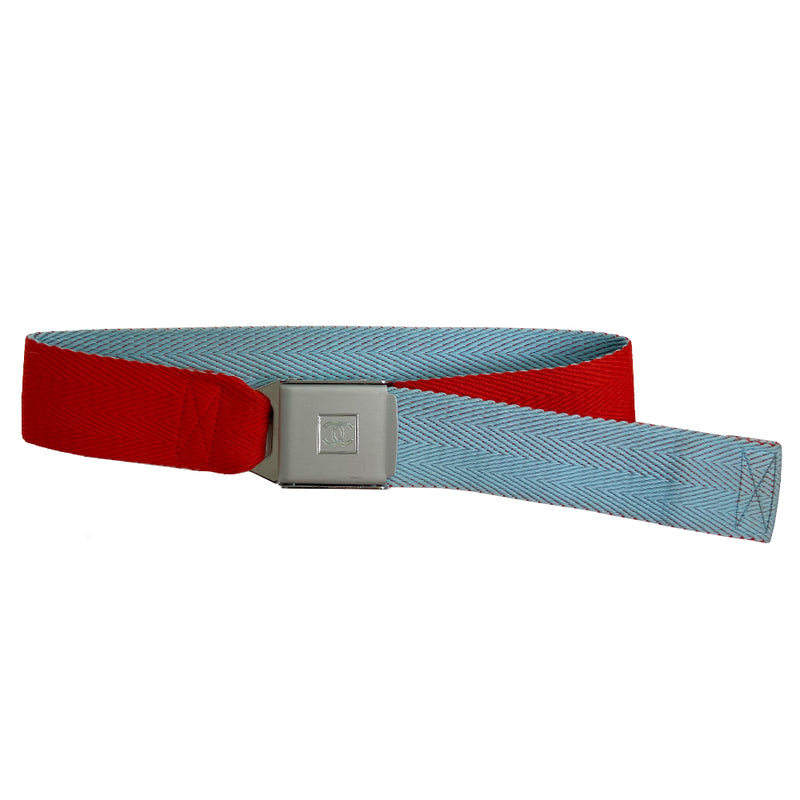Pale Blue & Red Sport CC Logo Silver Buckle Belt from Spring/Summer 2002 Sport Line. Slight scratch on the buckle. Chevron pattern woven fabric belt that slides through brushed silver-tone interlocking CC logo clip buckle closure. Adjustable size Color: Pale blue and red. Made in France. Total L (in) 34" W (in) 2"