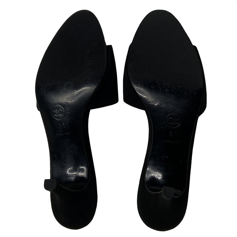 Chanel black black suede open toe heels with stitched CC interlocking logo and suede heels. Leather insole and bottom sole with new heel taps.Size: 36. Made in Italy. Heel height 3" 