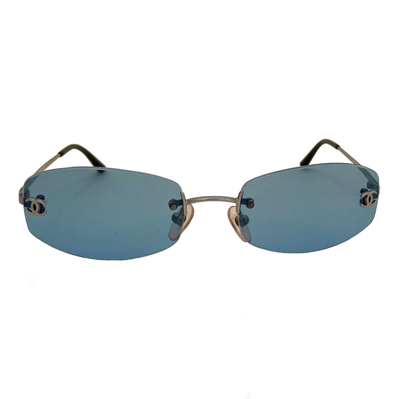 Chanel Blue Lens Silver Logo Frameless Sunglasses