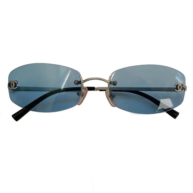 Chanel Blue Lens Silver Logo Frameless Sunglasses