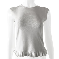 Chanel logo camellia sleeveless knit top in cream color with Interlocking CC logo centered within the signature camellia woven into fabric. Sleeveless with rounded neckline with ribbed edging. Fine rib knit of 100% cotton. Delicate pleats with fine crochet detail at hem. Size: FR 36